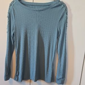 Chic Blue Lace-Trimmed Blouse